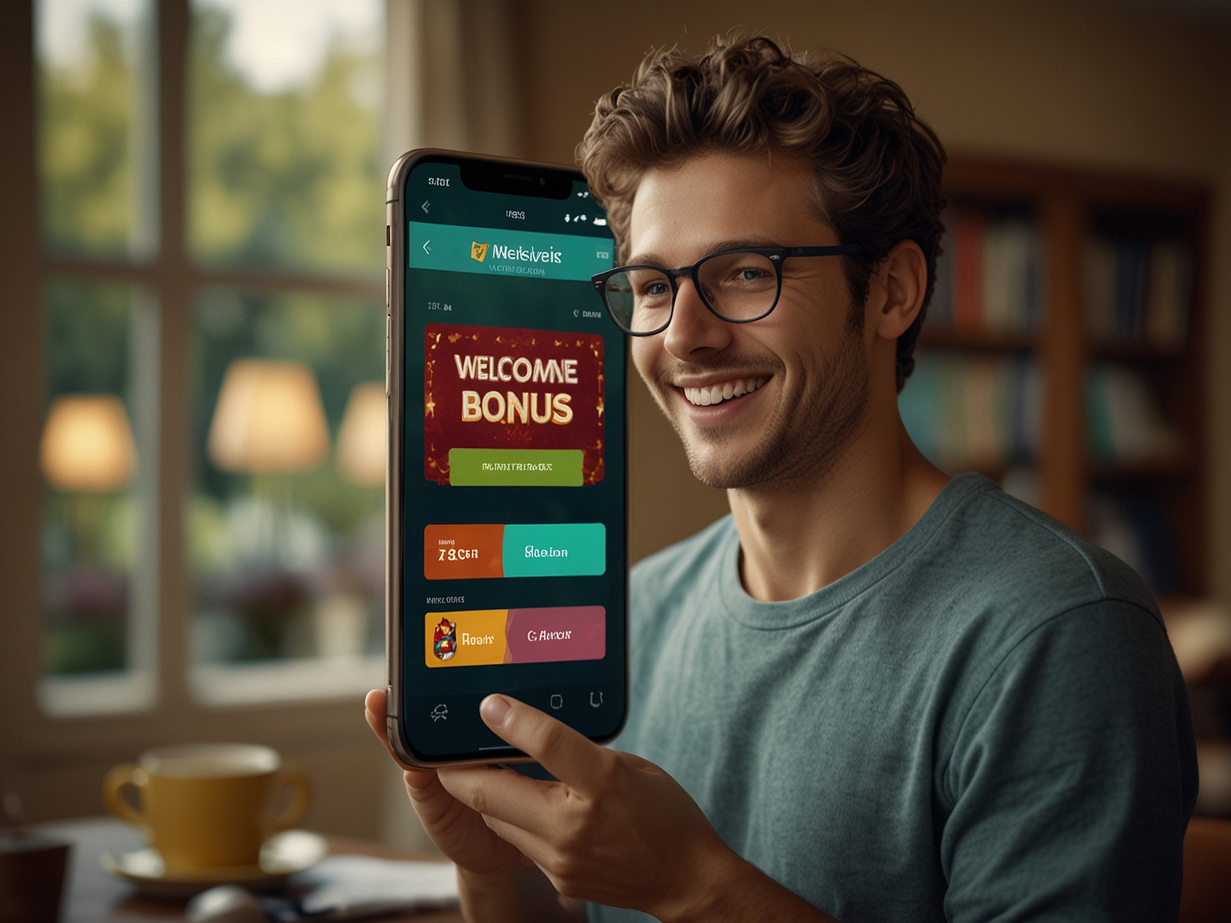 Utilizator fericit cu bonus Excelbet afișat pe ecran